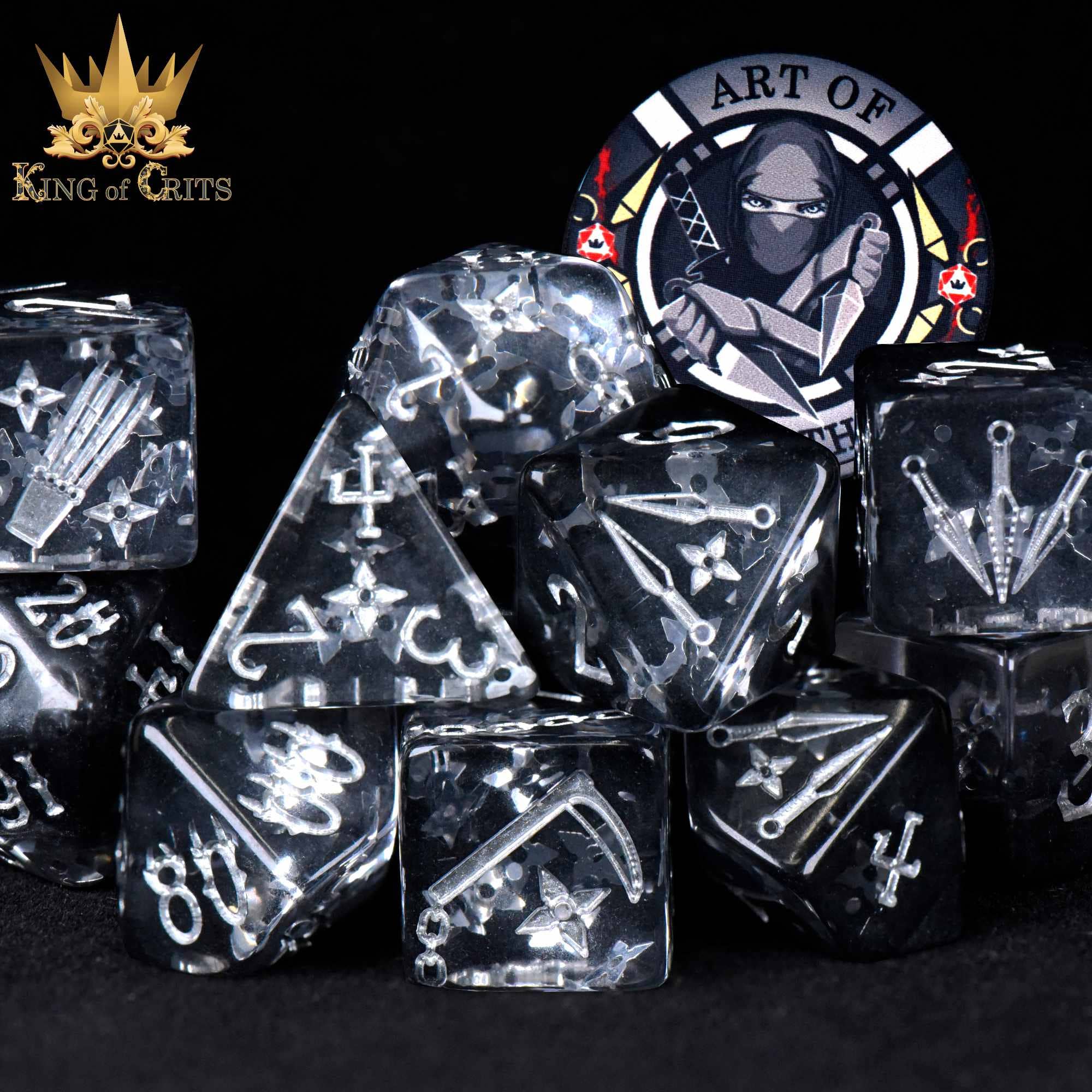 The Art of Stealth 11 Dice Set with white symbols and a ninja token.