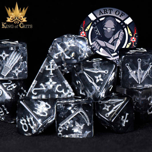 The Art of Stealth 11 Dice Set with white symbols and a ninja token.