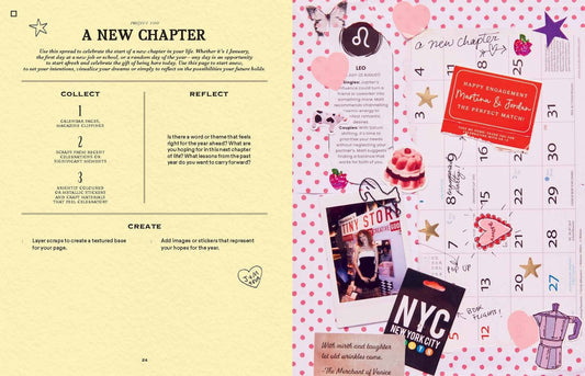 A Year of Junk Journaling scrapbook layout featuring calendar, photos, hearts, and notes for engagement celebration.
