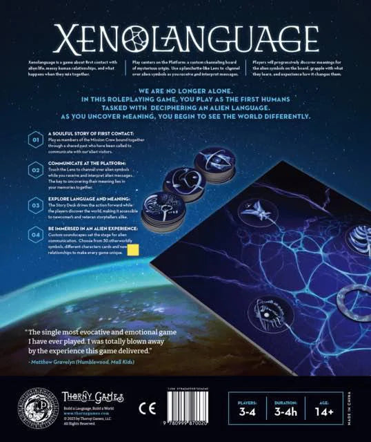 Back cover of Xenolanguage: A Game About Alien Language and Human Memory with constellations and gameplay information.