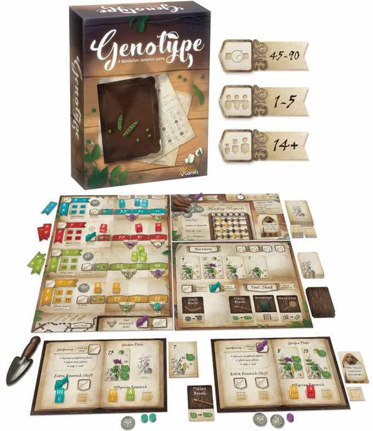 Genotype board game box with boards, cards, and dice for Mendelian genetics gameplay shown.
