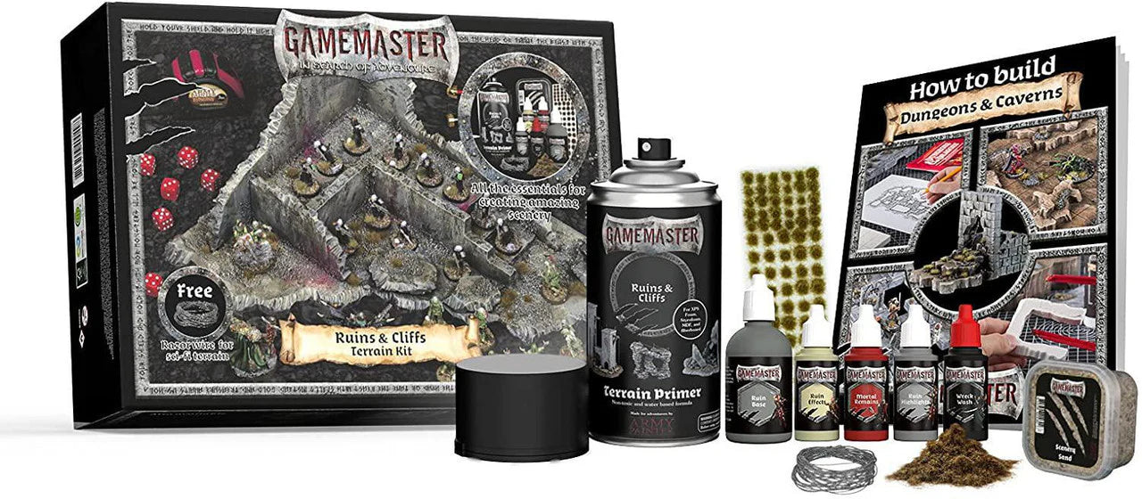GameMaster Terrain Kit Ruins & Cliff with paints, tools, primer, tufts, and guidebook for RPG or miniatures terrain.