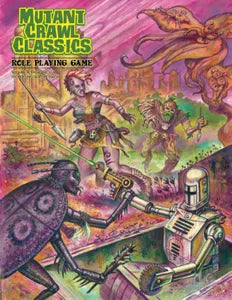 Mutant Crawl Classics cover featuring a robot battling a giant insect, mutants, and tentacled beasts in a wasteland.