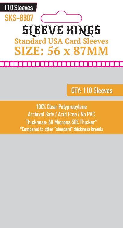 Sleeve Kings Standard USA Card Sleeves, 56x87mm, pack of 110, 60-micron clear polypropylene packaging.