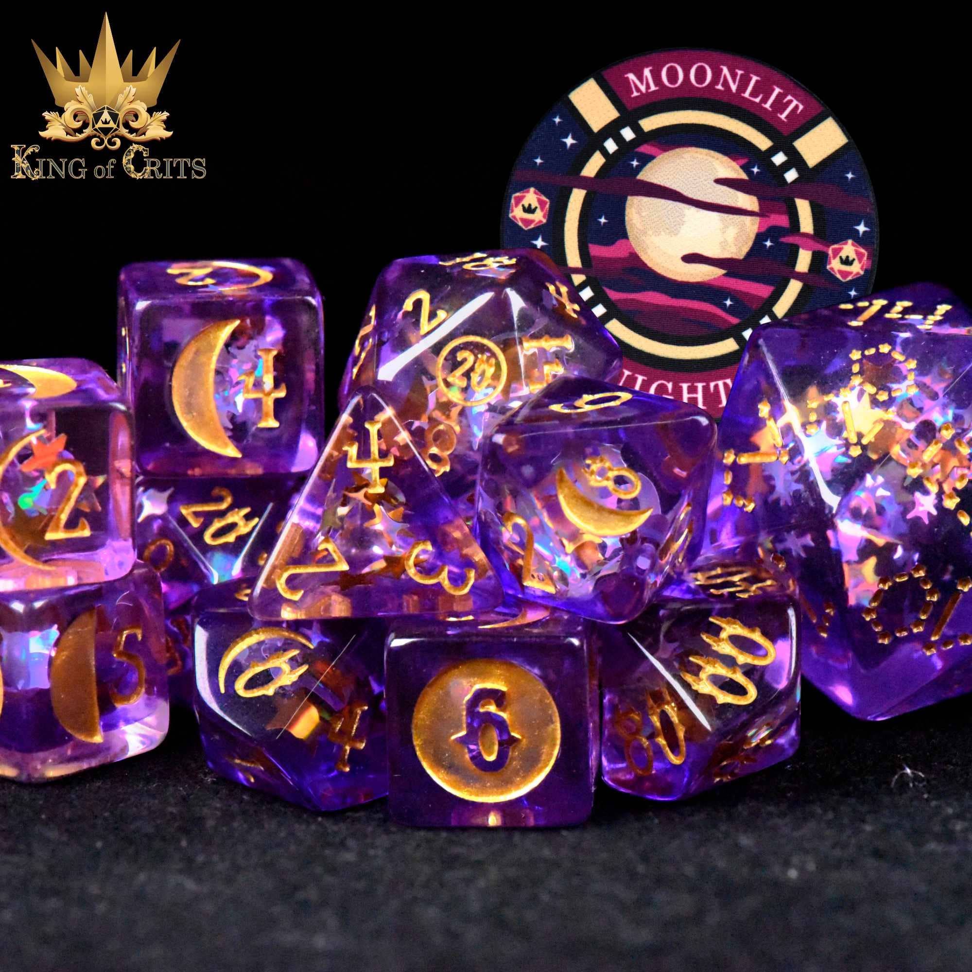 Moonlit Night 12 dice set: purple and gold DND dice with celestial designs, includes matching round token.