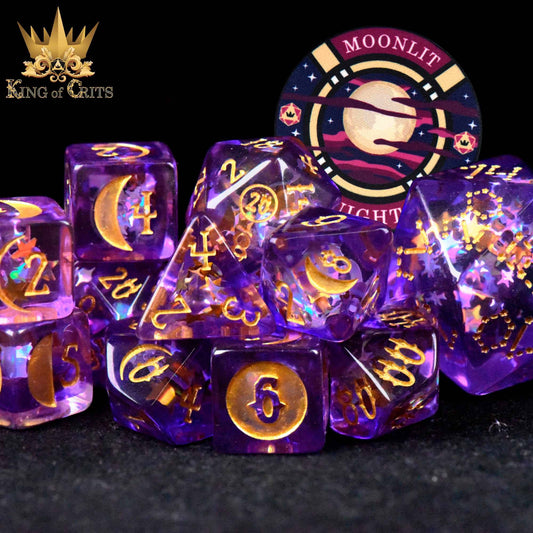 Moonlit Night 12 dice set: purple and gold DND dice with celestial designs, includes matching round token.