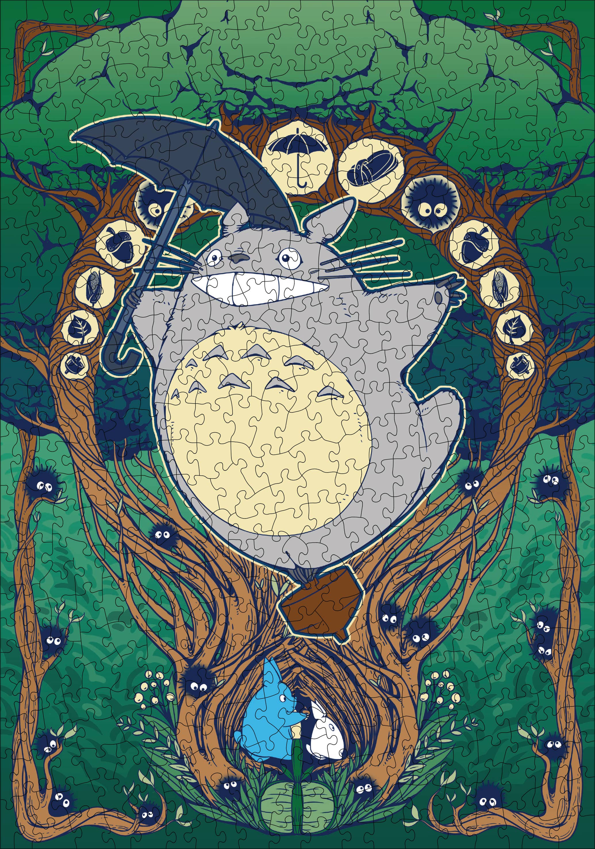 Studio Ghibli My Neighbor Totoro 500-piece puzzle, Fly with Totoro variant, showing Totoro and friends under tree branches.