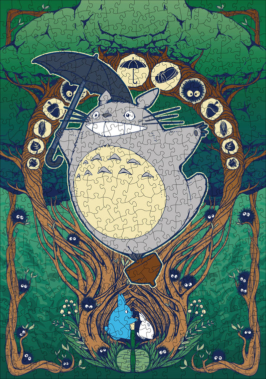 Studio Ghibli My Neighbor Totoro 500-piece puzzle, Fly with Totoro variant, showing Totoro and friends under tree branches.
