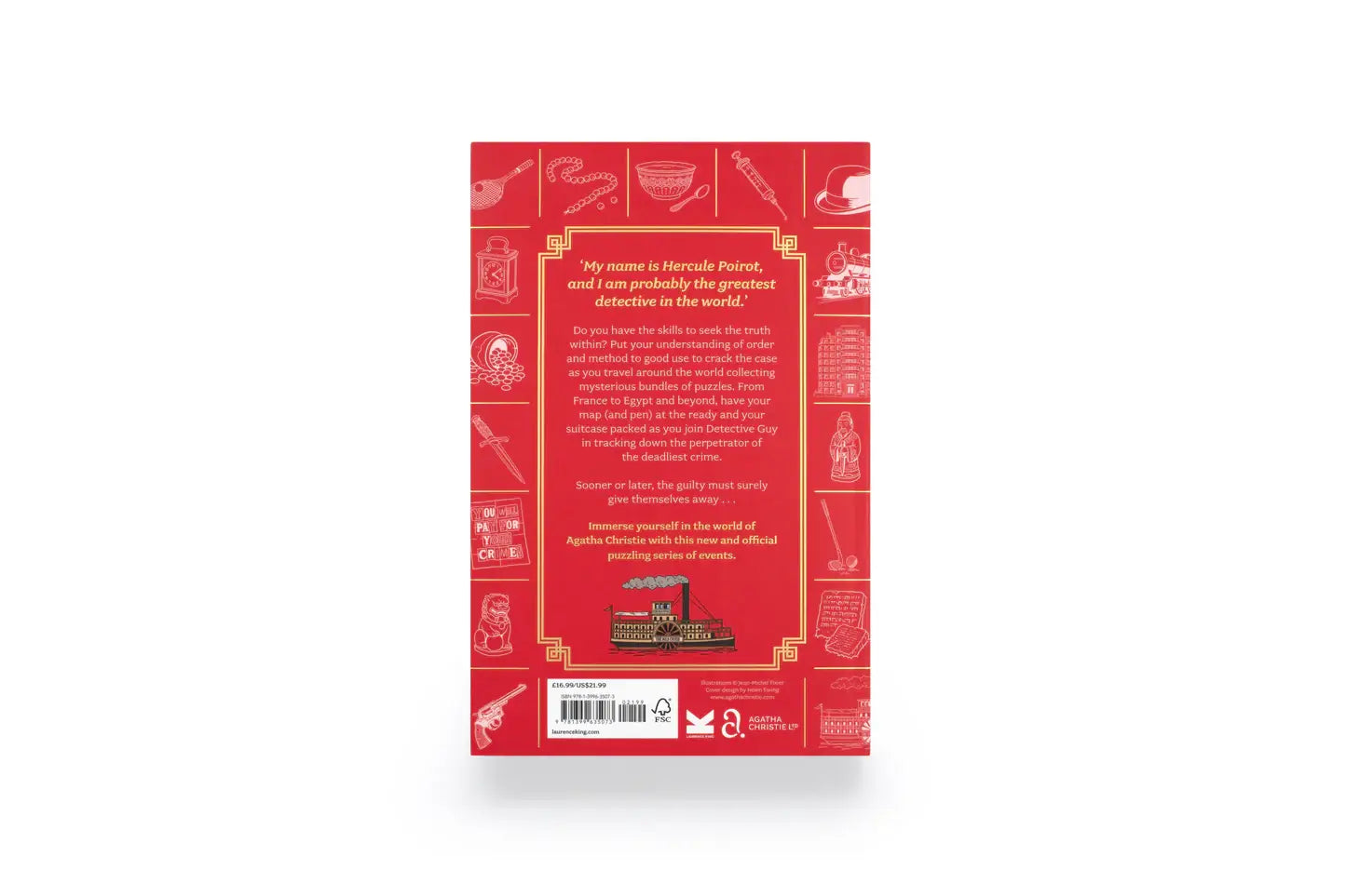 The Official Poirot Puzzle Book red back cover with text, illustrations, and a small train graphic.