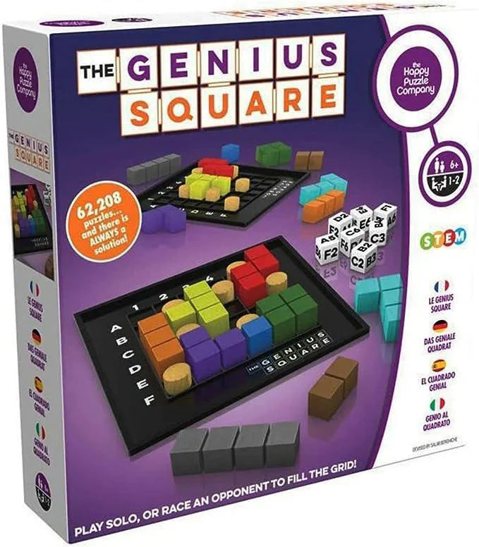 Genius Square STEM puzzle game with 6x6 grid, pieces, dice, and solutions for 1-2 players, ages 6 and up.