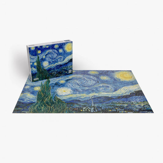 Completed 1000-piece Vincent van Gogh Starry Night puzzle with box displaying the same artwork.