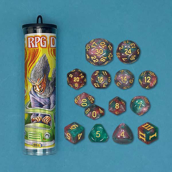 Dungeon Crawl Classic: The Wizard Vans Stellar Stowaways, 14 metallic swirl dice with labeled RPG Dice tube.
