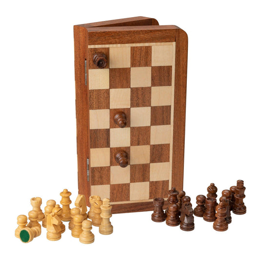 7-inch Travel Magnetic Wood Folding Chess Set closed and standing upright, chess pieces placed around its base.