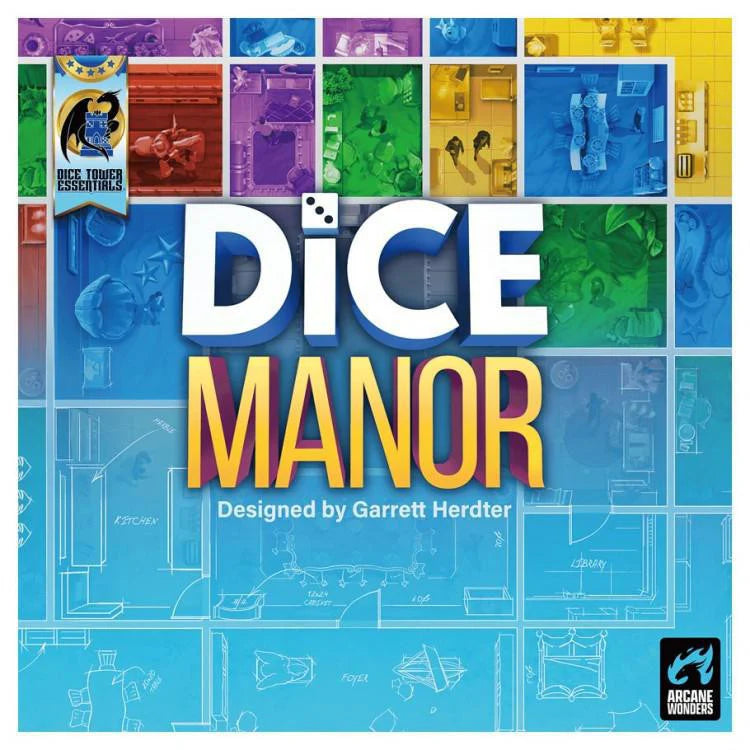Dice Manor board game cover featuring developers constructing colorful rooms in a manor.