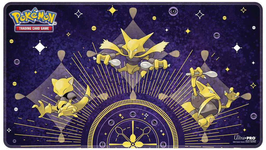 Abra Evolutions Pokemon Playmat featuring Abra, Kadabra, and Alakazam on a purple background with spoons and patterns.