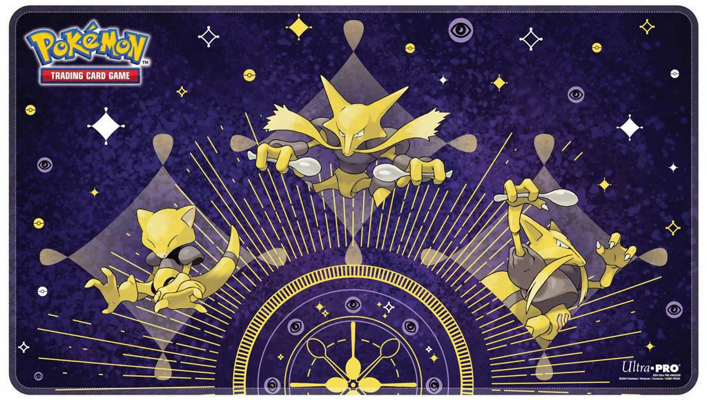 Abra Evolutions Pokemon Playmat featuring Abra, Kadabra, and Alakazam on a purple and yellow background.