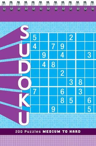 Sudoku: Medium to Hard spiral-bound book with 200 puzzles, blue grid cover design.