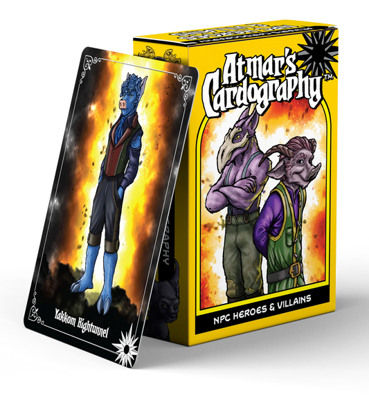 Cardography: NPCs Heroes & Villains fantasy card game featuring anthropomorphic hero characters in colorful outfits.