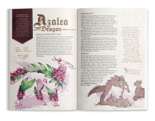 The Field Guide To Floral Dragons deluxe hardcover, a 5e bestiary featuring azalea and wolf-dragon illustrations.