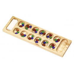 Wooden Mancala board with carved pits, glass beads, and a cloth storage bag.