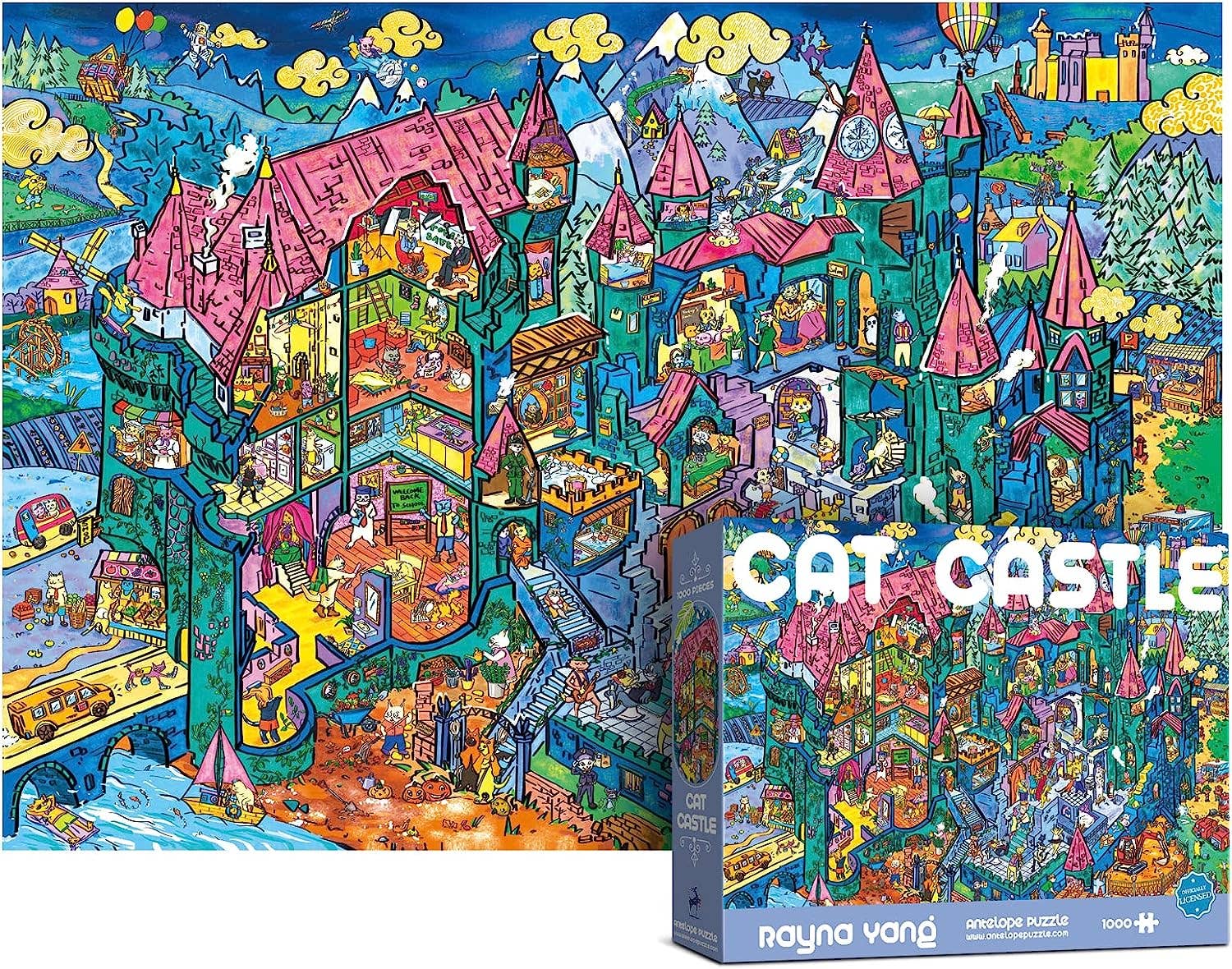Cat Castle 1000 Piece Jigsaw Puzzle with cartoon cats, castle, fun activities, and puzzle box visible in front.
