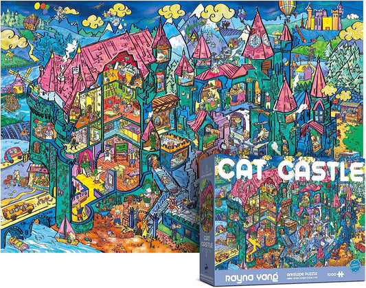 Cat Castle 1000 Piece Jigsaw Puzzle with cartoon cats, castle, fun activities, and puzzle box visible in front.