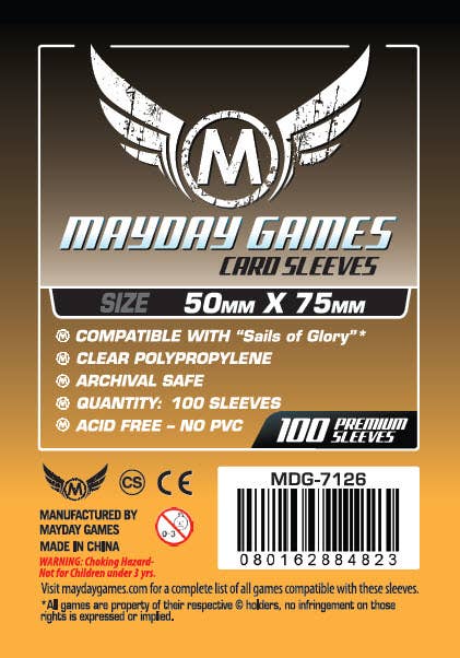 Custom Card Sleeves, Sails of Glory size 50x75mm, 100-pack, Mayday Games logo, barcode and safety info on black/orange label.