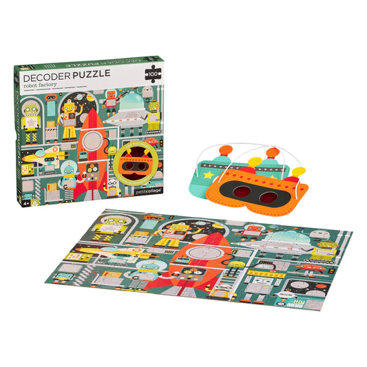 Robot Factory 100-piece decoder puzzle with hidden objects and a red robot decoder tool in the box.