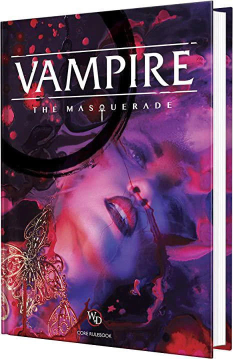 Vampire The Masquerade 5th Edition Core Rulebook cover featuring a womans face and dark, political horror themes.