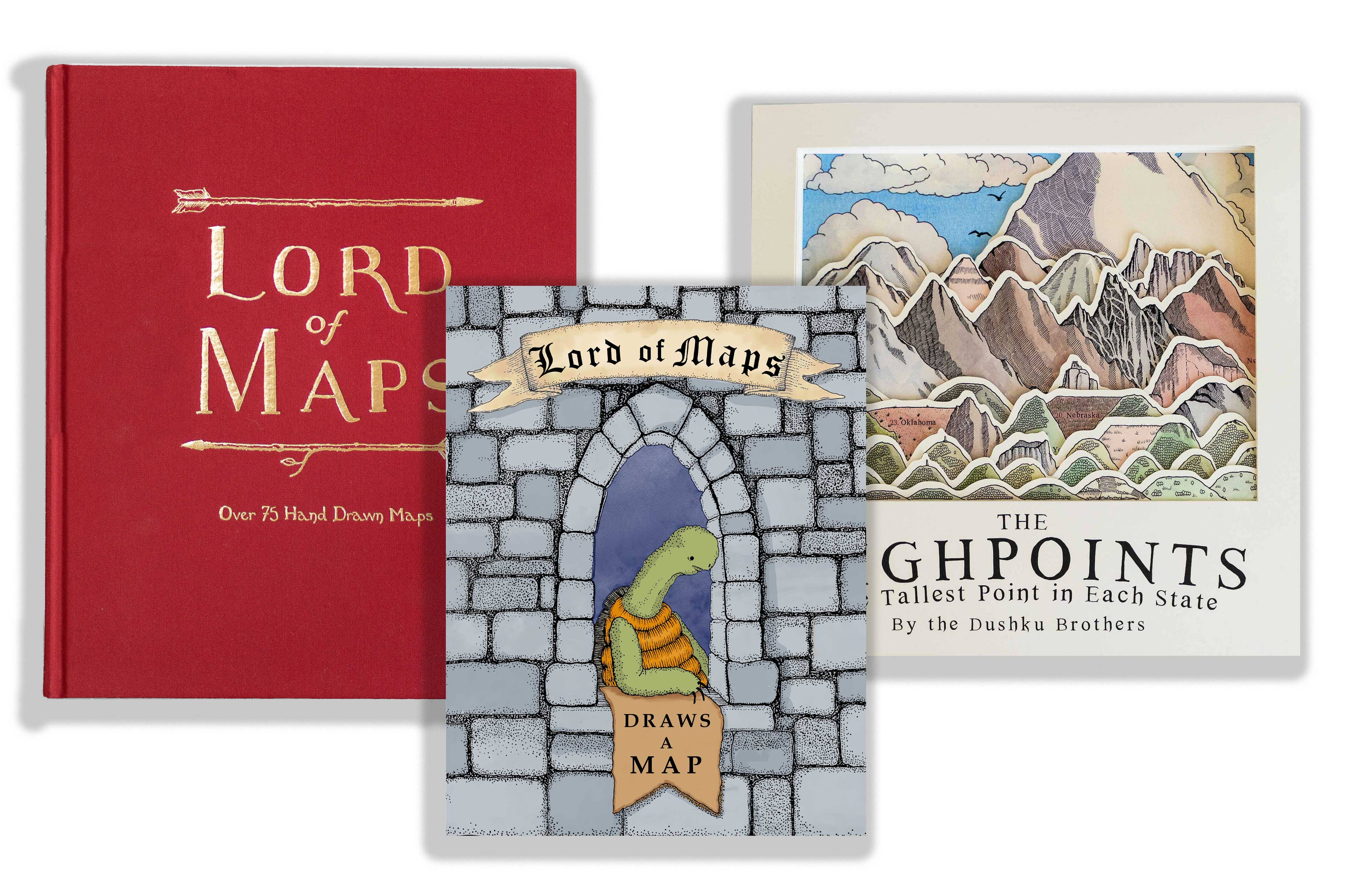 The Lord of Maps: Draws a Map book, shown with stone castle, turtle, and mountain landscape elements.