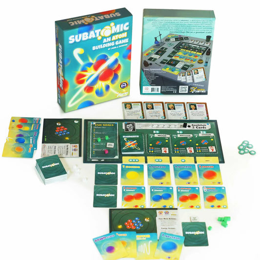 Subatomic board game including box, rulebook, cards, and tokens displayed on a white surface.