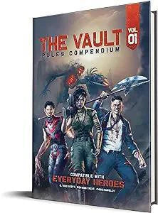 The Vault- Rules Compendium book cover featuring three armed heroes, a monster, and expanded RPG rules.