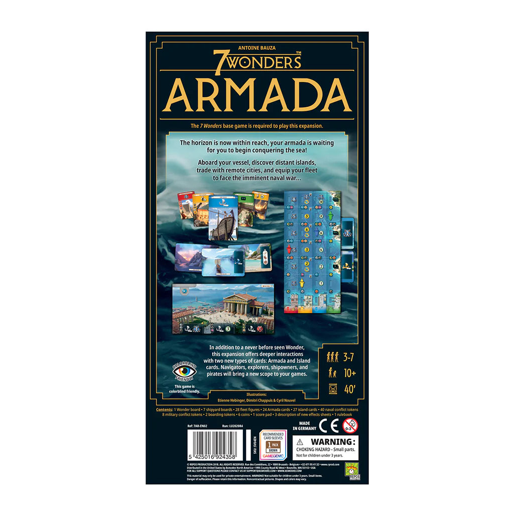 Back of 7 Wonders Armada Expansion box with naval strategy features and game board.