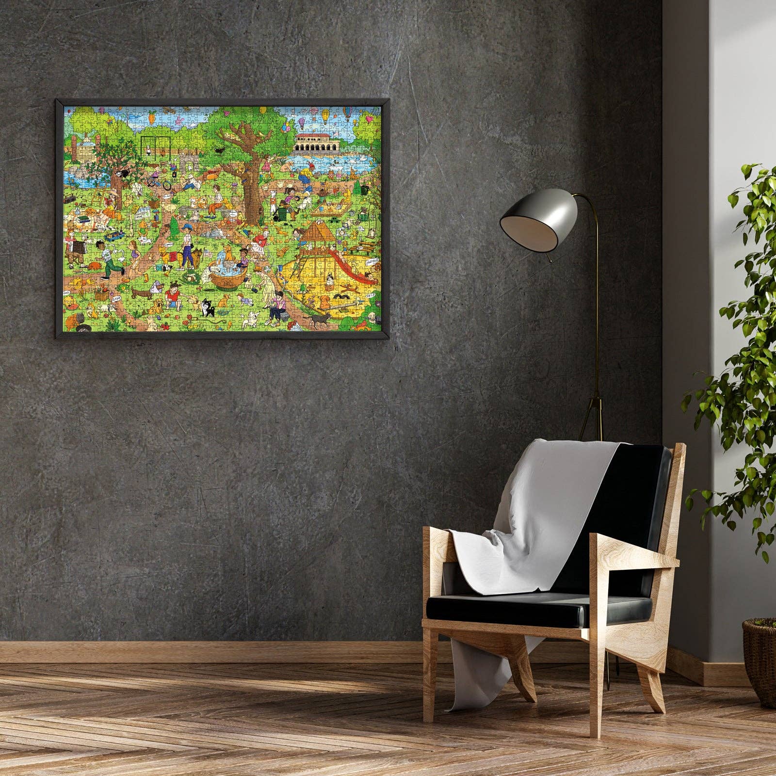 The Dog Park Leisure Time 1000 Piece Puzzle displayed on a dark wall above a chair, lamp, and plant.