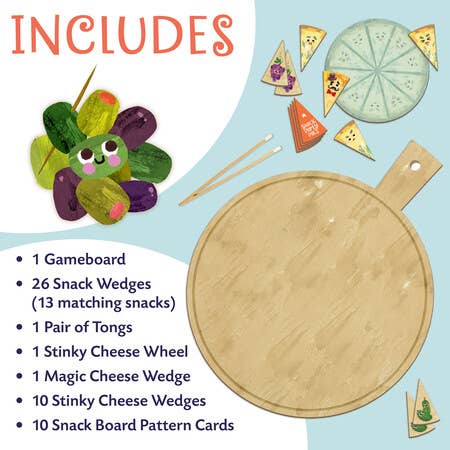 Snack Party Pals game with round board, cheese wedges, and tongs for preschool fine motor skill development.