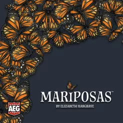 Mariposa board game with monarch butterflies clustered along the top and left edges of the box.