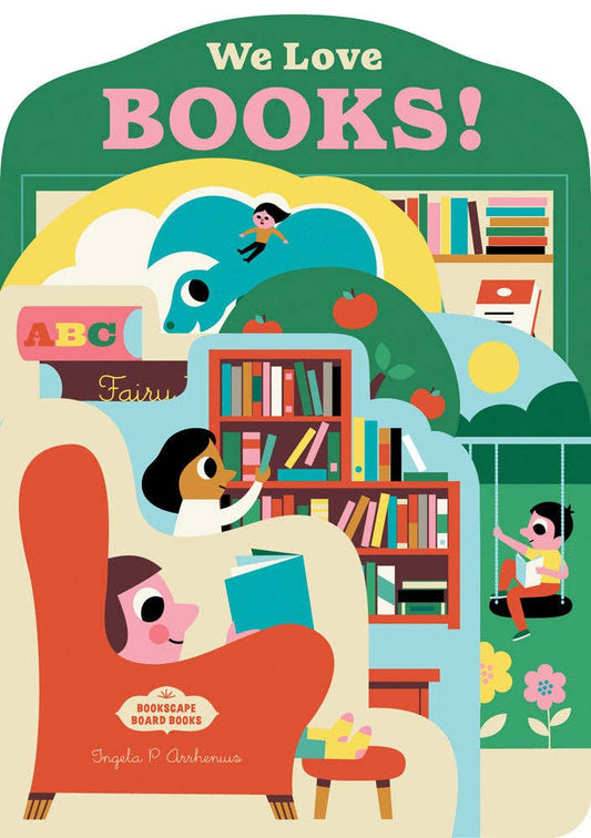 Bookscape Board Books: We Love Books edition showing children reading and playing among bookshelves.
