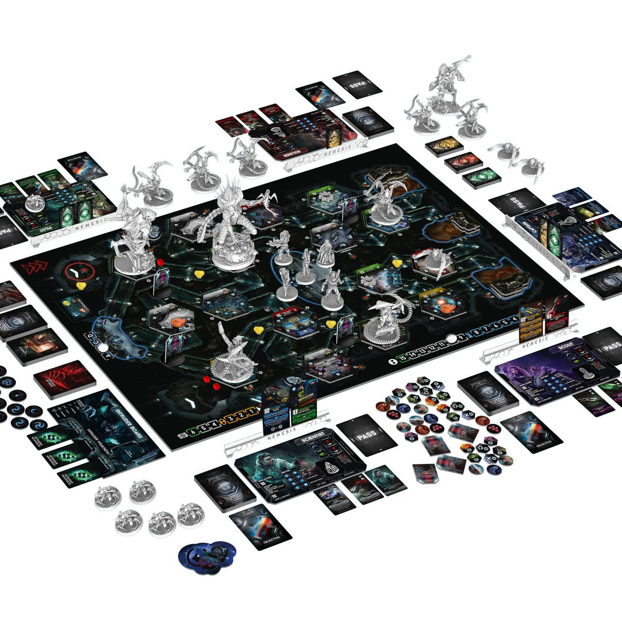 Nemesis sci-fi horror board game with miniatures, cards, tokens, and game board.