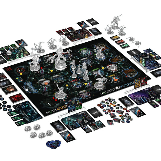 Nemesis sci-fi horror board game with miniatures, cards, tokens, and game board.