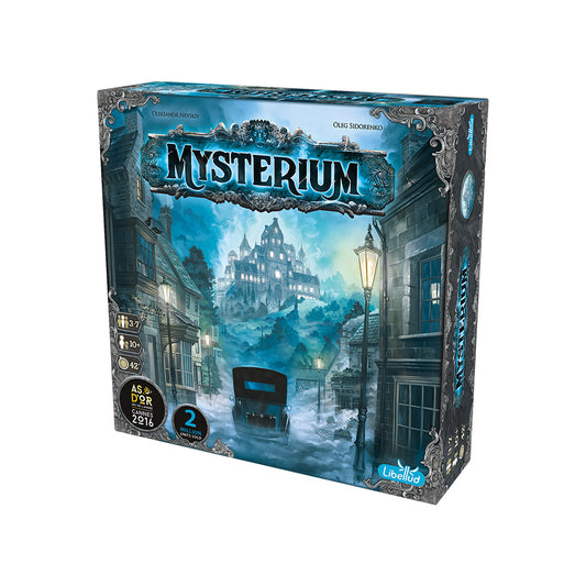 Mysterium (2025 Refresh) board game box featuring psychic investigators at a spooky mansion under moonlight.