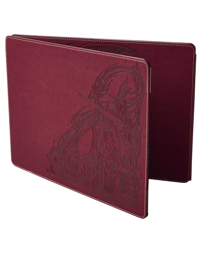 Dragon Shield GM Screen, maroon binder with white stitching and initiative tracker.