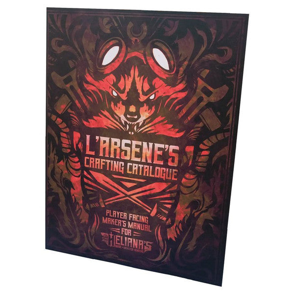 Helianas Guide to Monster Hunting: LArsènes Crafting Catalogue cover with stylized fox and red background.