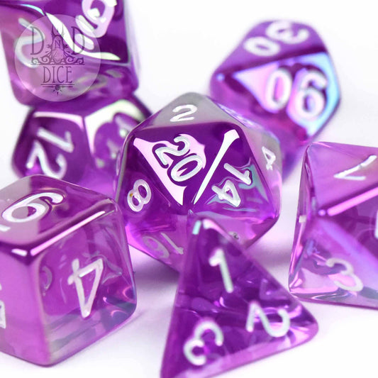 Glamoured Purple acrylic DnD dice set with translucent purple polyhedral dice and white numbers, includes a d20.