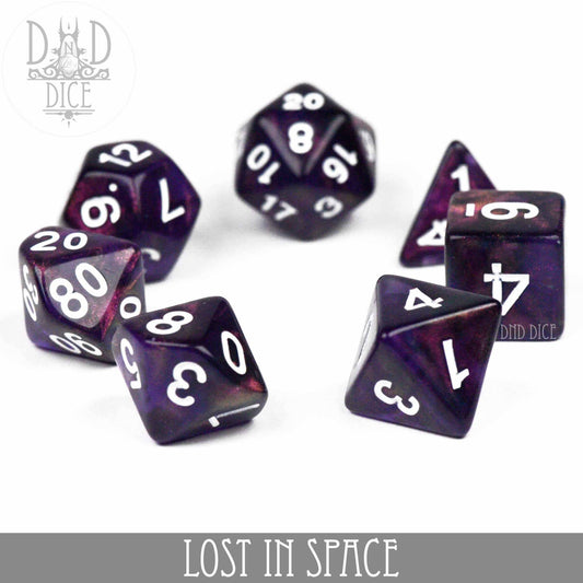 Set of 7 dark purple acrylic Lost in Space dice with white numbers.