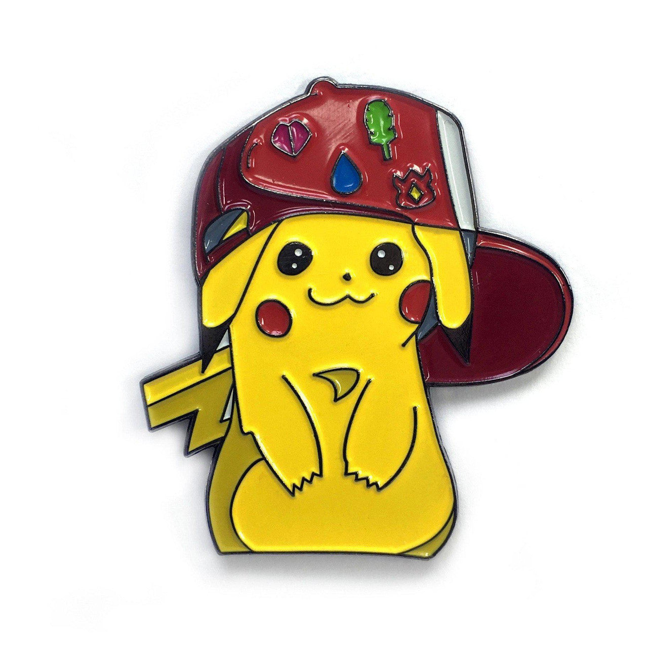 Kolorspun Gym Badges Enamel Pin featuring Pikachu wearing a red cap on a white background.