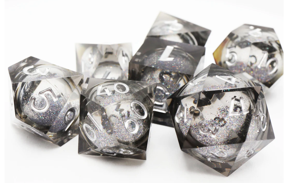 Black Liquid Core Sharp Edge Resin RPG Dice Set for Dungeons and Dragons games.