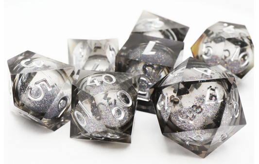 Black Liquid Core Sharp Edge Resin RPG Dice Set for Dungeons and Dragons games.
