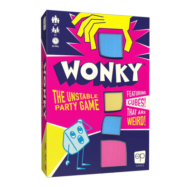 Wonky party game box labeled The Unstable Party Game, showing cubes and graphic elements on the packaging.