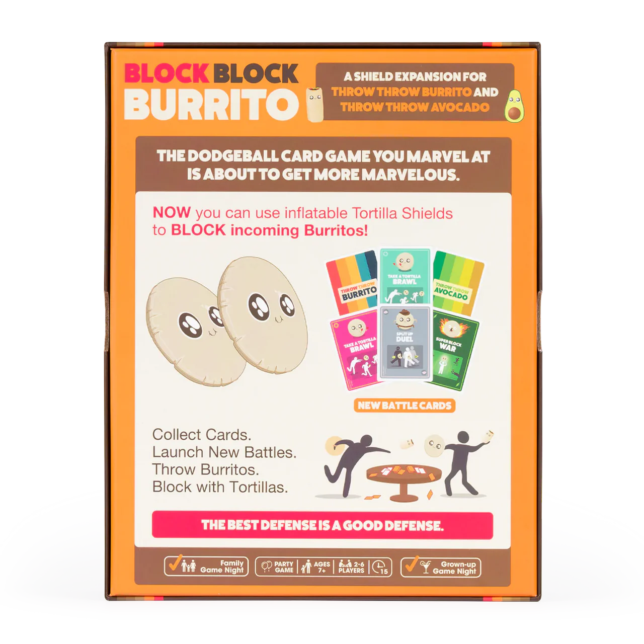 Block Block Burrito Expansion box with inflatable tortilla shields for Throw Throw Burrito dodgeball card game.
