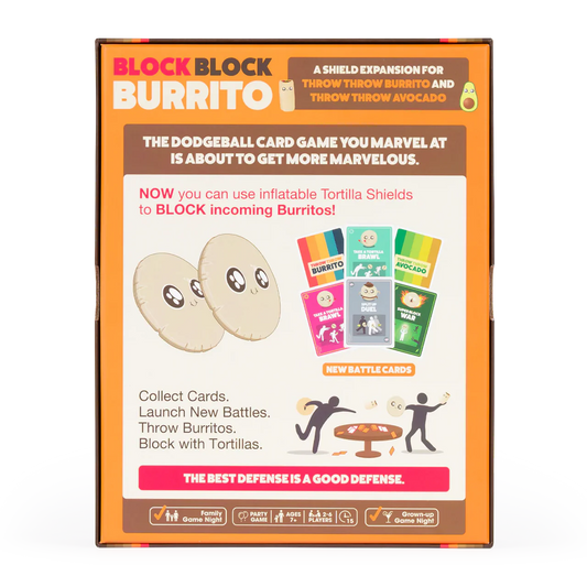 Block Block Burrito Expansion box with inflatable tortilla shields for Throw Throw Burrito dodgeball card game.